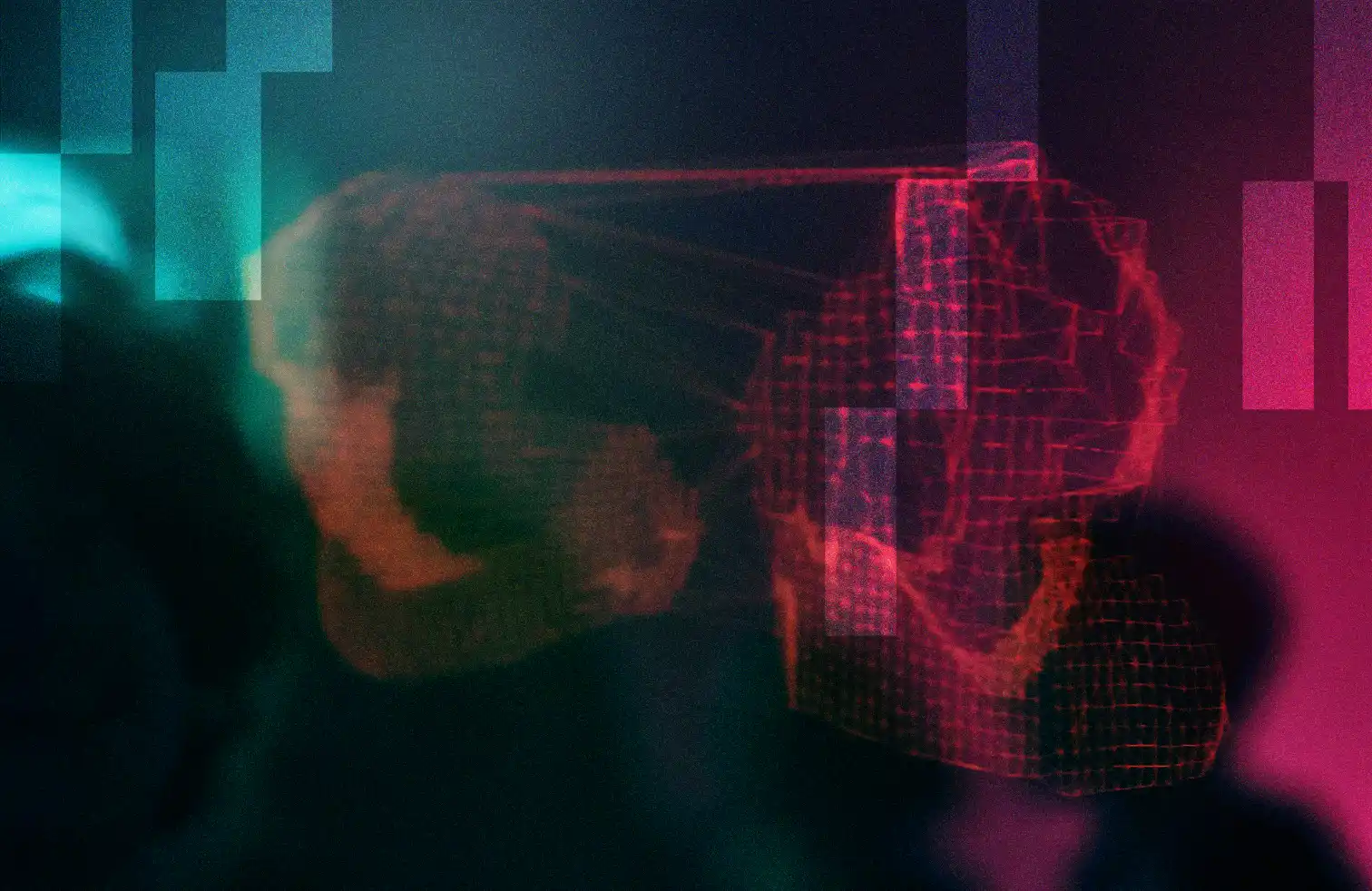 Abstraktes, digitalisiertes 3D-Objekt mit roten und grünen Linien auf dunklem Hintergrund.