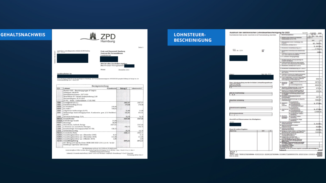 Beispiel für Gehaltsnachweis und Lohnsteuerbescheinigung im Kontext automatisierter Dokumentenverarbeitung